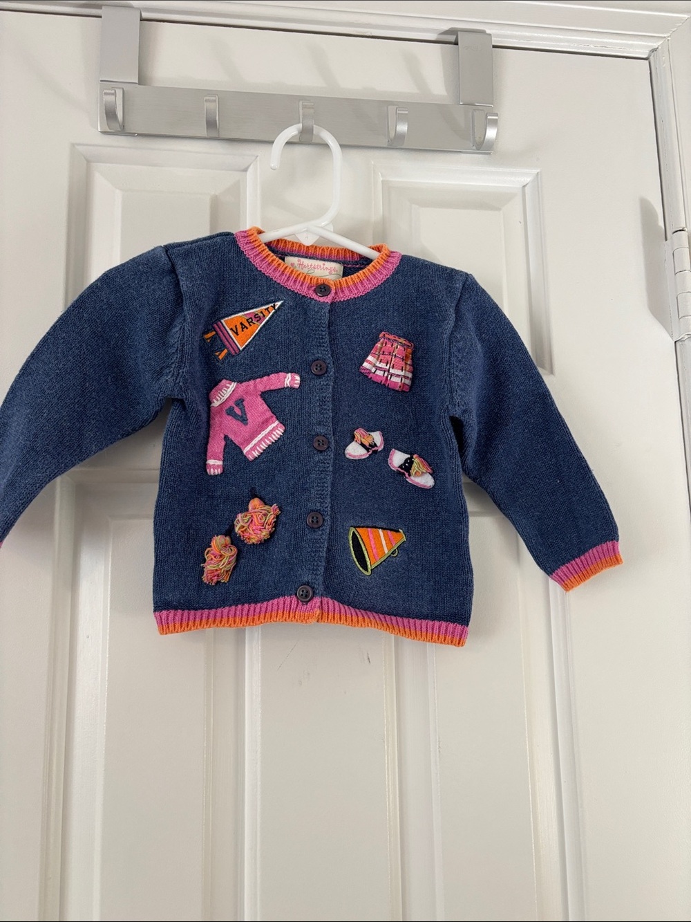 Hartstrings Navy Cardigan with Pink & Orange Trim and Patch Appliqués